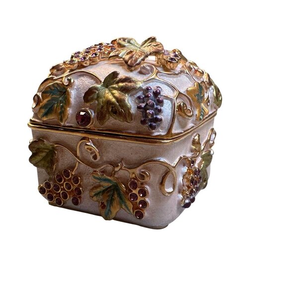 Russian Limoges Decorative Grape Leaf Design Trinket Box Rhinestone - Picture 3 of 15